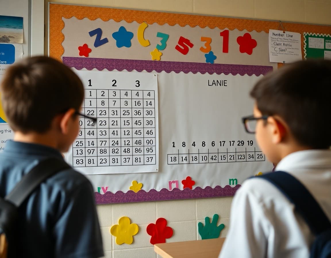 A multiplication chart and number line displayed together on a colorful bulletin board