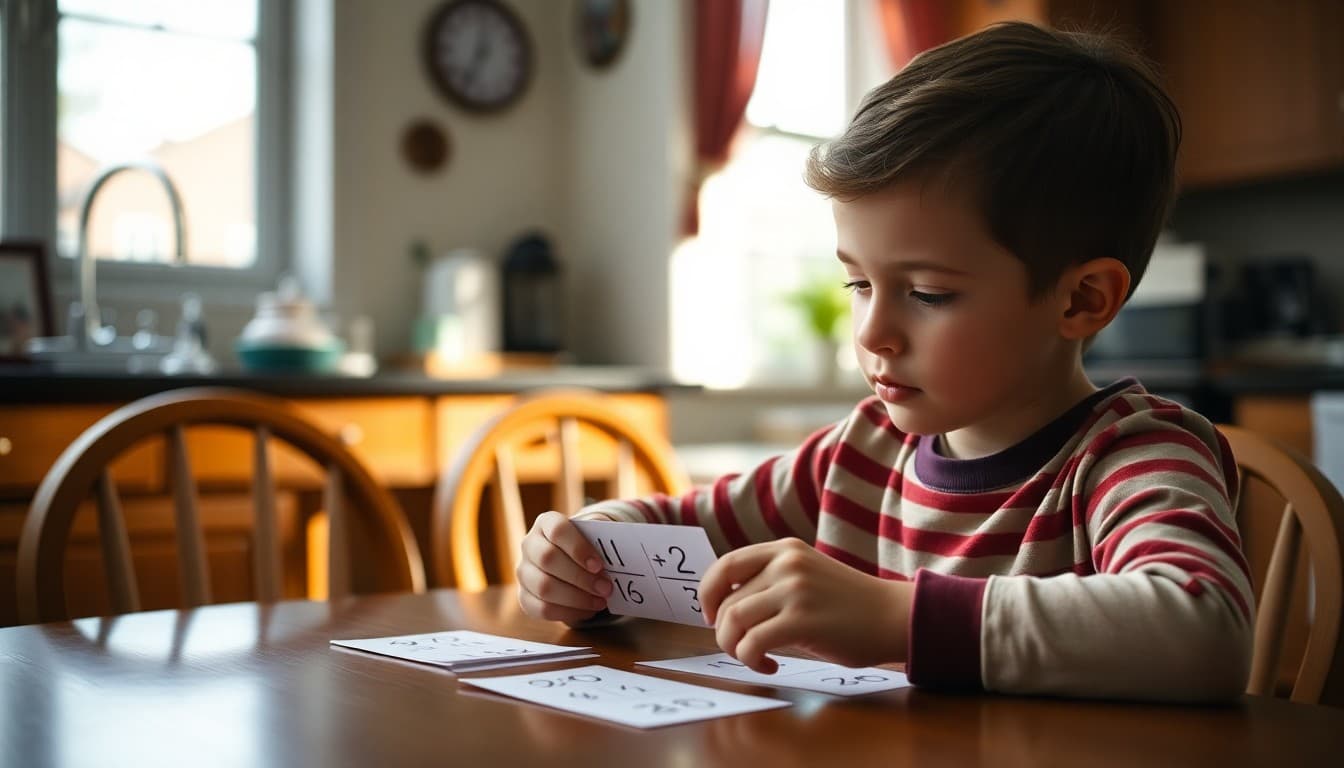 Second grader practicing addition and subtraction flashcards at a kitchen table