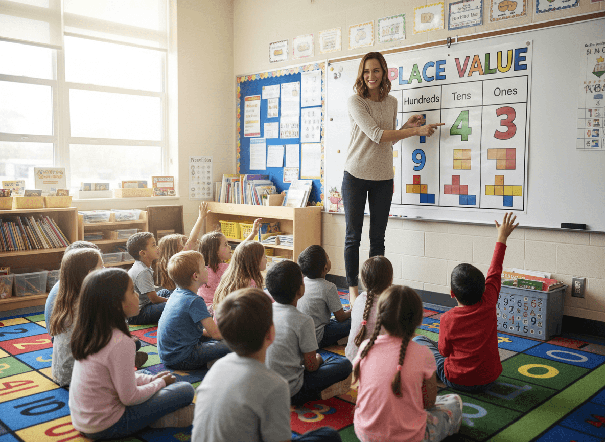 Teacher showing place value chart to second grade students