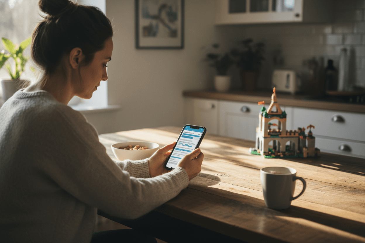 Parent reading September school newsletter on phone at home