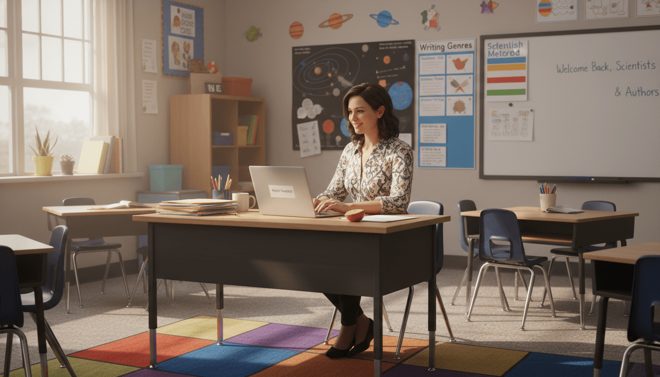 Fifth grade classroom teacher at desk in September, bulletin board visible