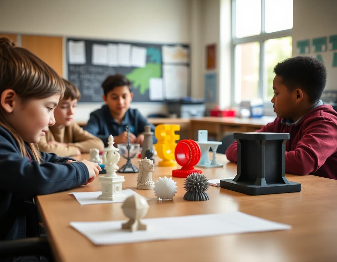 Collection of student-designed 3D printed objects on a classroom table