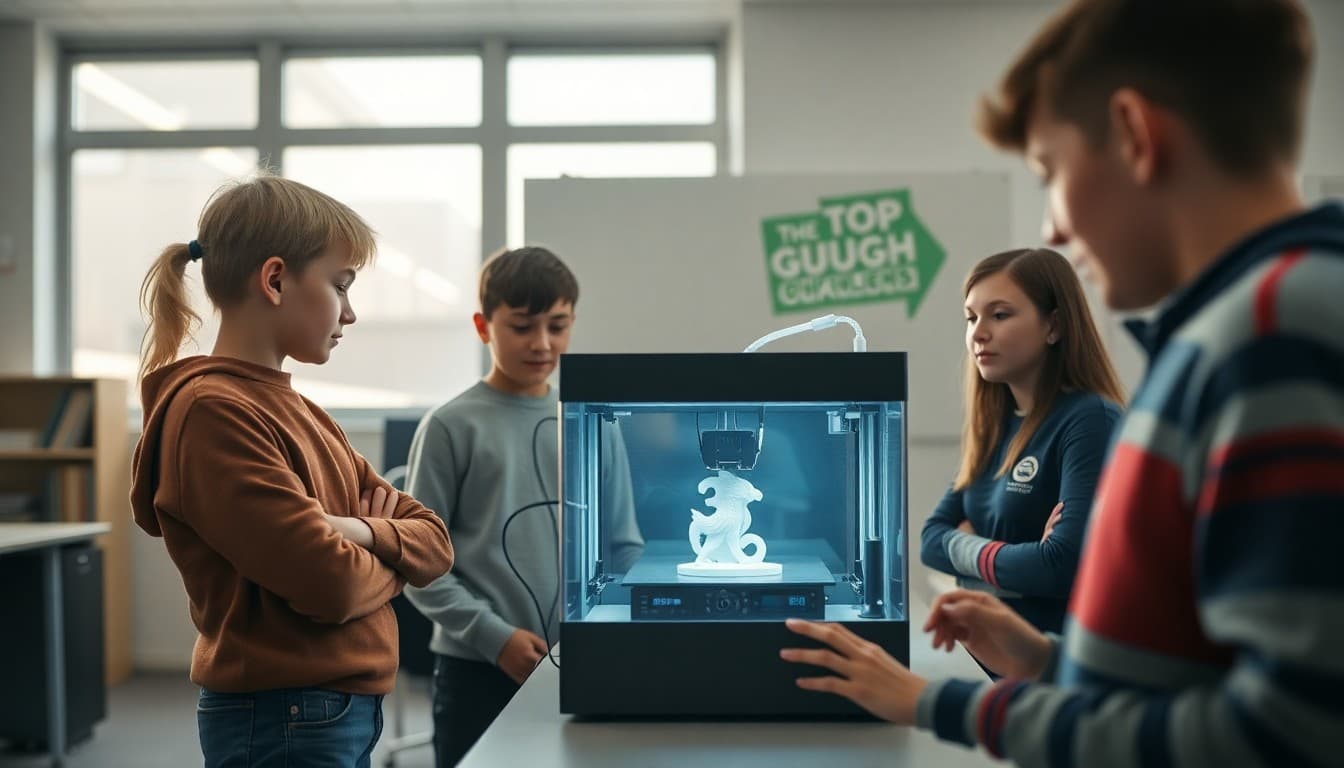 Students watching a 3D printer at work in a school technology lab setting
