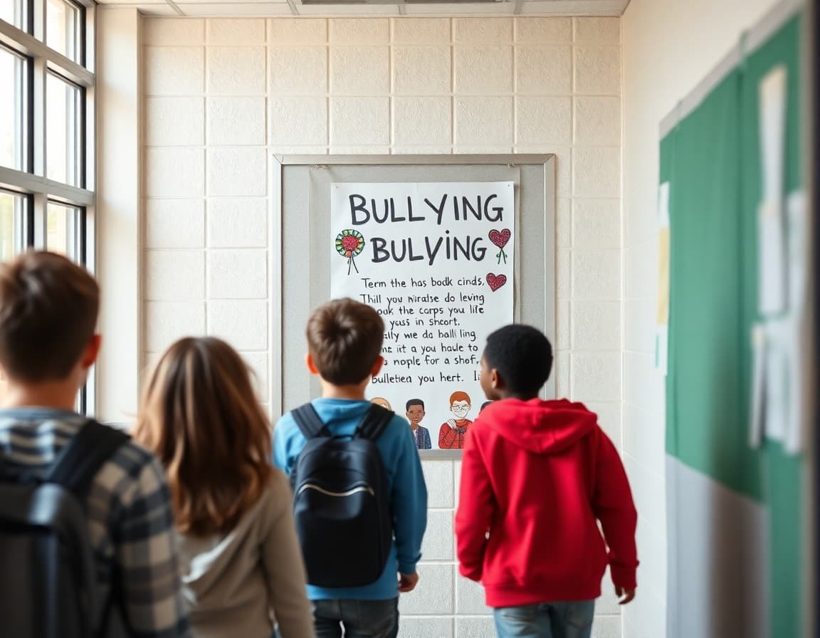 Anti-bullying poster on a school hallway bulletin board with student-made artwork