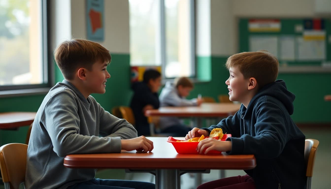Two students having a friendly conversation at a school lunch table