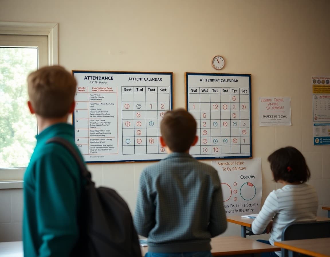 Attendance calendar with checkmarks posted on classroom wall