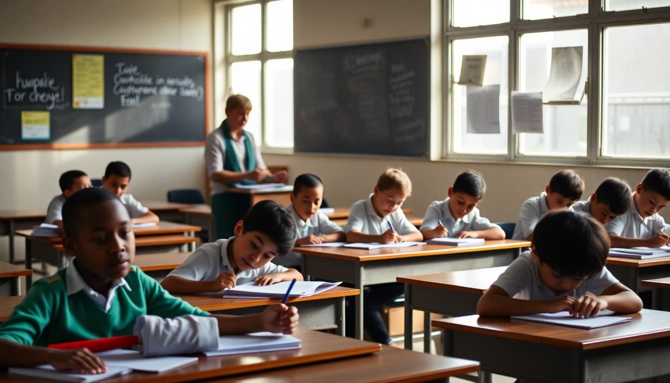 Teacher marking attendance in classroom while students work at their desks