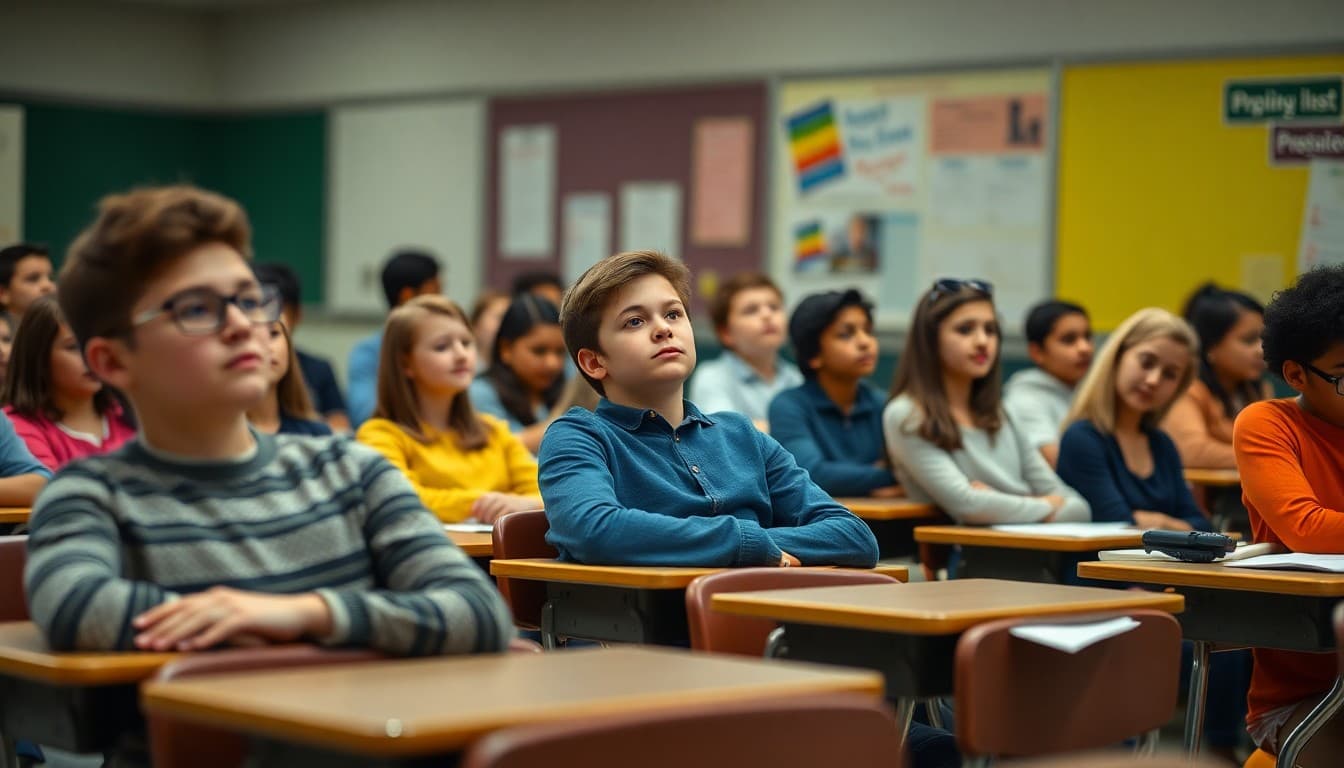 Parents seated in student desks during Back to School Night listening to a teacher presentation