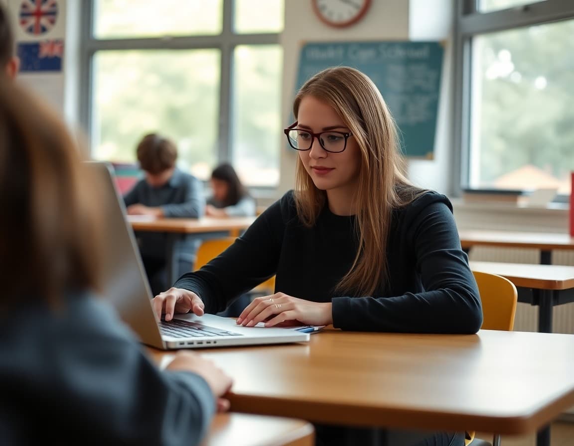 Teacher at laptop writing back to school newsletter for families