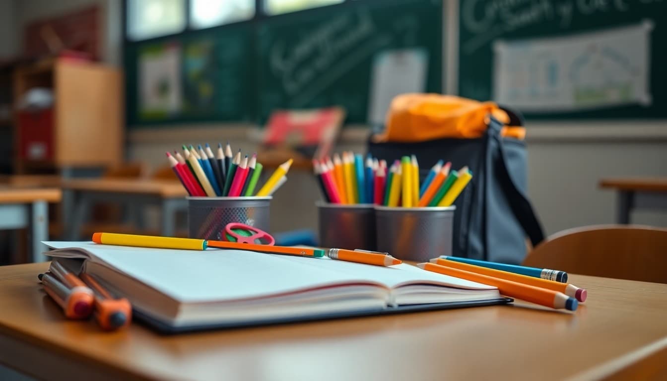 Colorful back to school supplies arranged on a desk with an open notebook