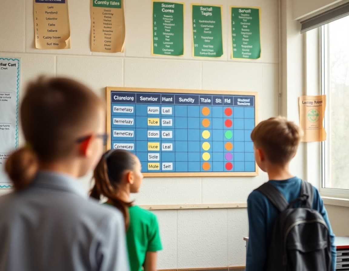 Classroom behavior chart with student names and colored indicators on a wall