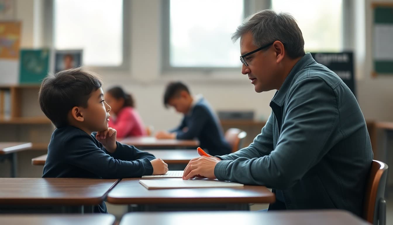 Teacher having a calm one-on-one conversation with a student at a desk