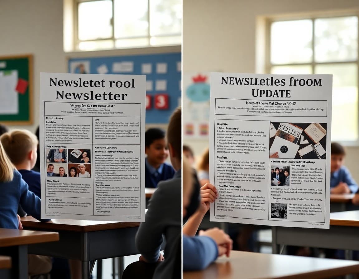 Two newsletters side by side showing a biweekly classroom update format