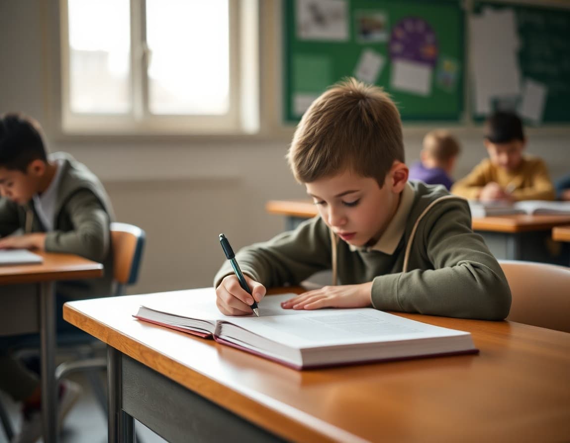 Book report template with student writing on a school desk