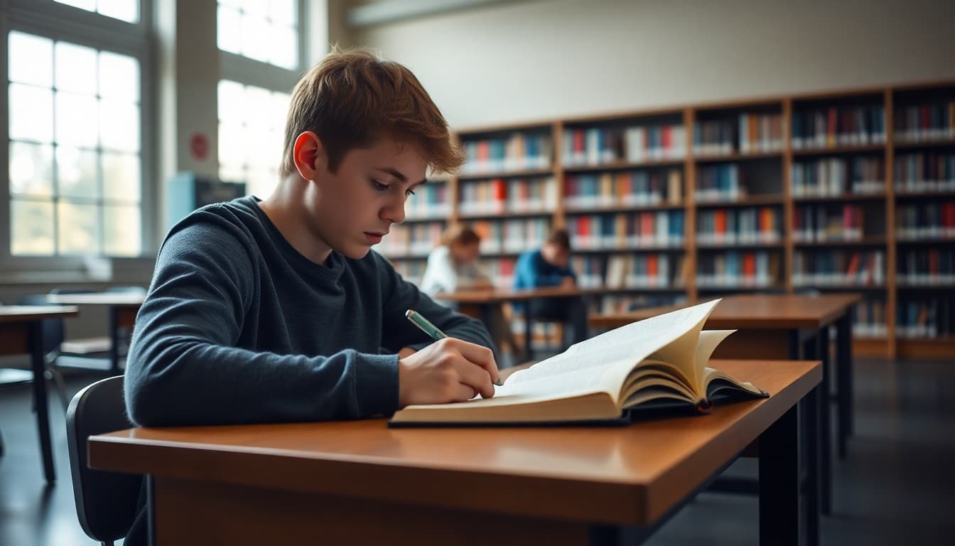 Student writing notes while reading a book at a desk in the library