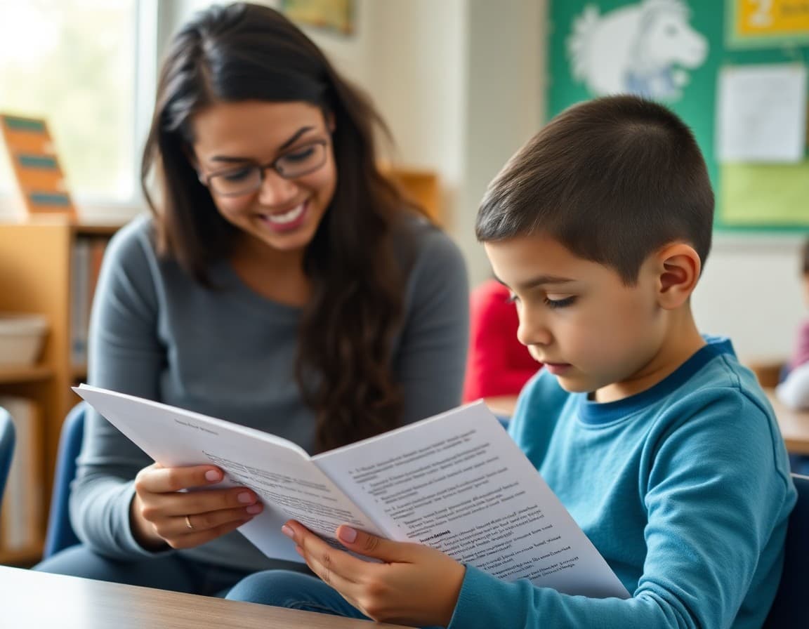 Parent reading a teacher newsletter with student book talk recommendations for family reading