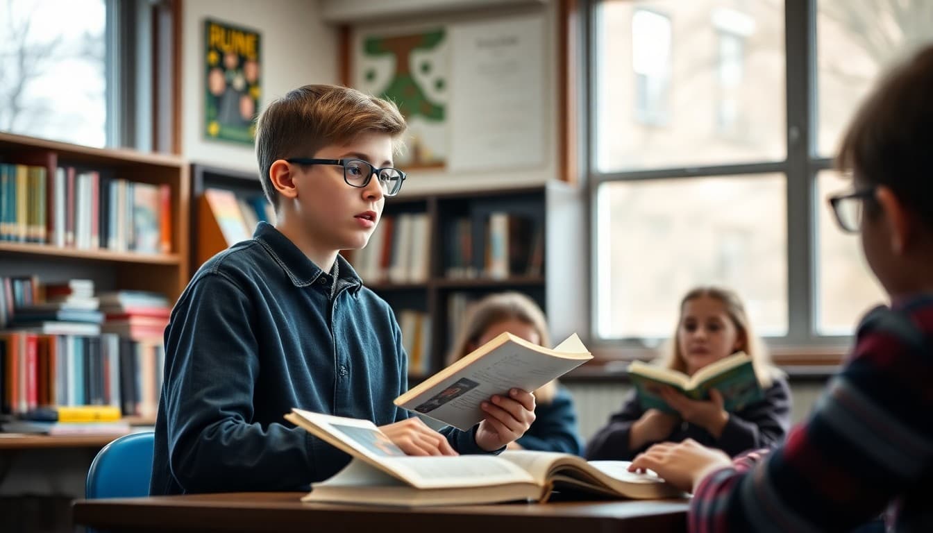 Student giving a book talk recommendation to classmates with books displayed behind them