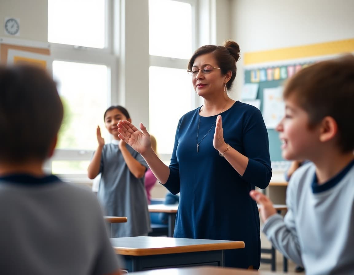 Teacher leading students in a short breathing and movement exercise in the classroom