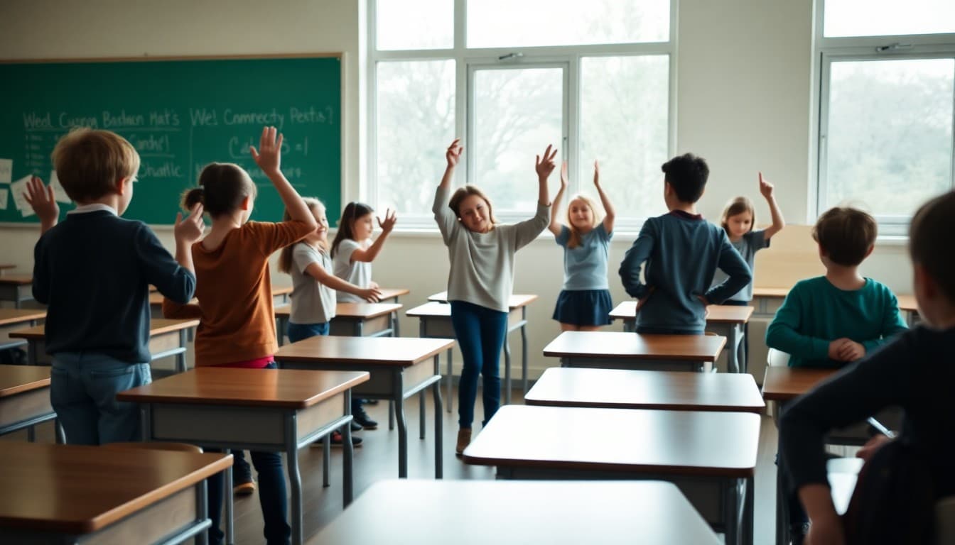 Students standing at their desks doing a quick movement activity during a brain break