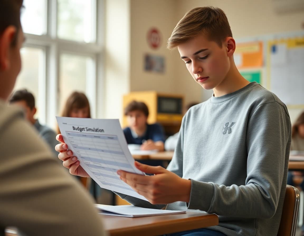 Student reviewing spending categories on a budget simulation worksheet