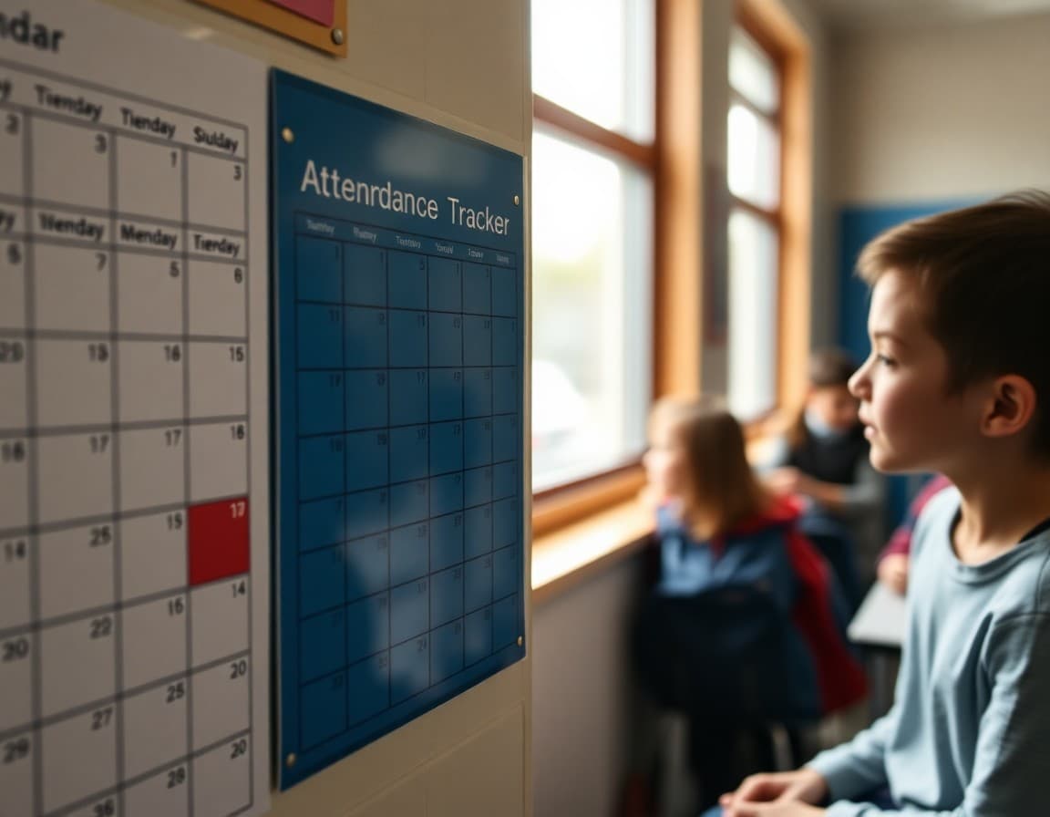 Attendance tracker with missed days marked in red on a school calendar