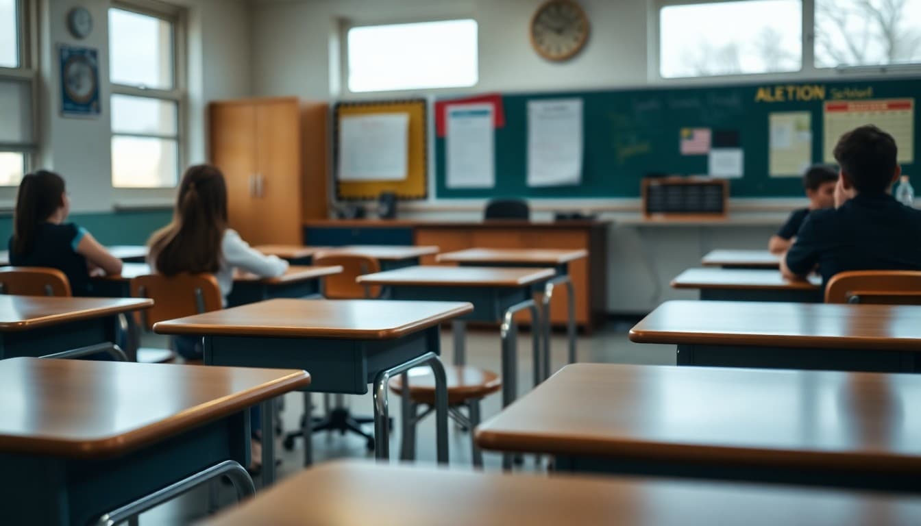 Empty student desk in classroom with absence notice on teacher desk in background