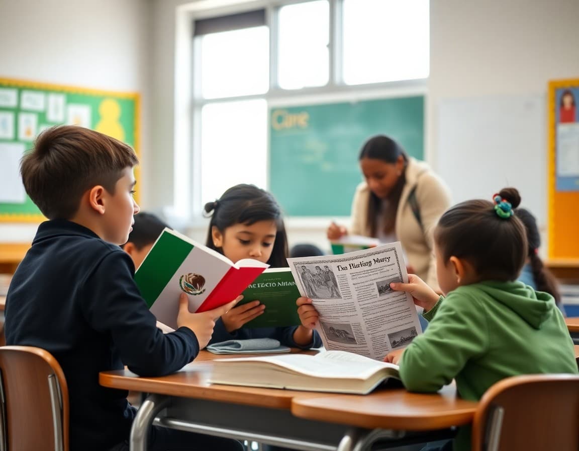 Students reading about Mexican history and Cinco de Mayo with a teacher in a classroom