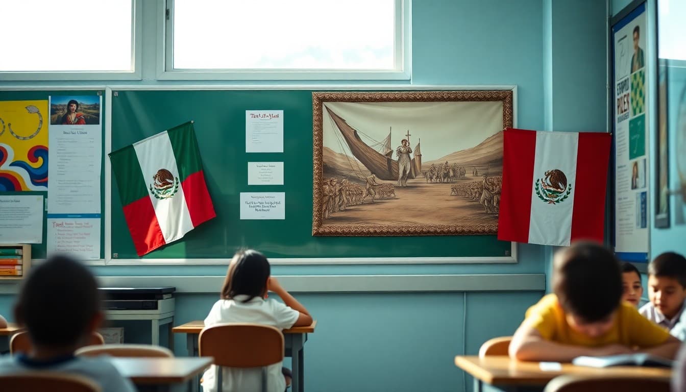 Classroom display with Mexican flags and Battle of Puebla historical artwork for Cinco de Mayo