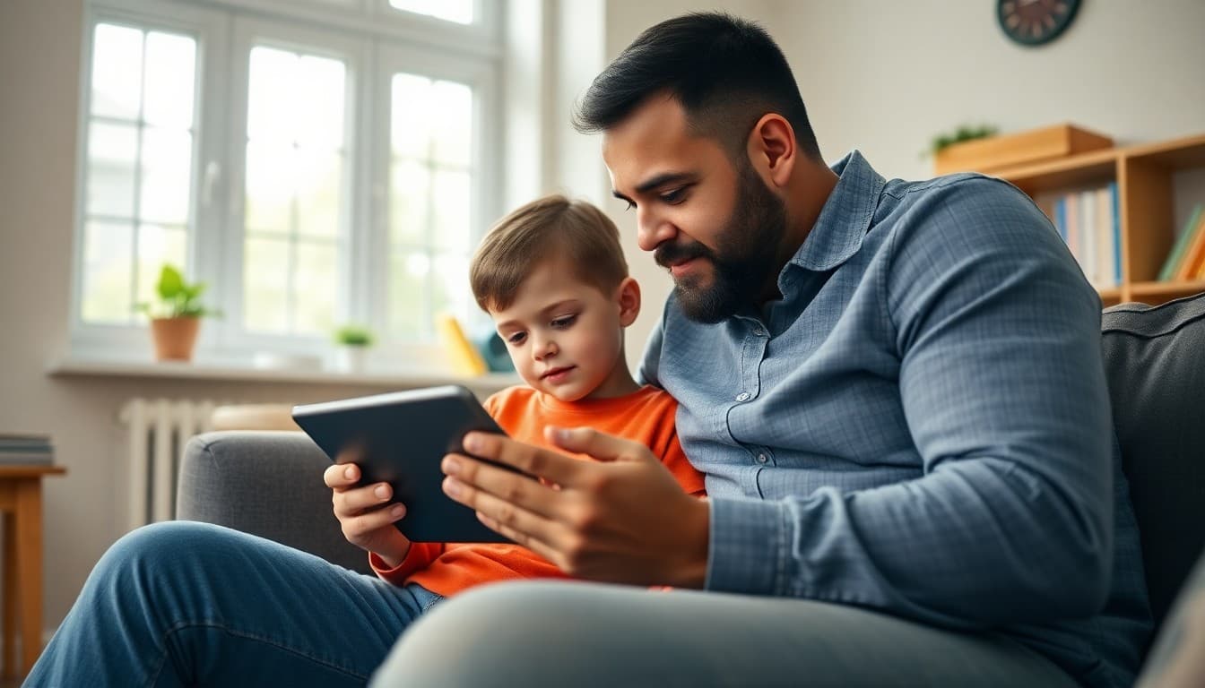 Student and parent reading classroom blog together on a tablet at home