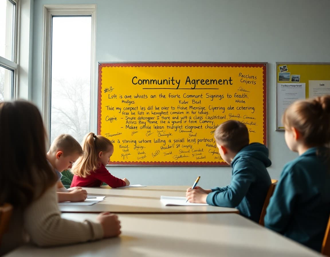 Class community agreement posted on a bright bulletin board with student signatures