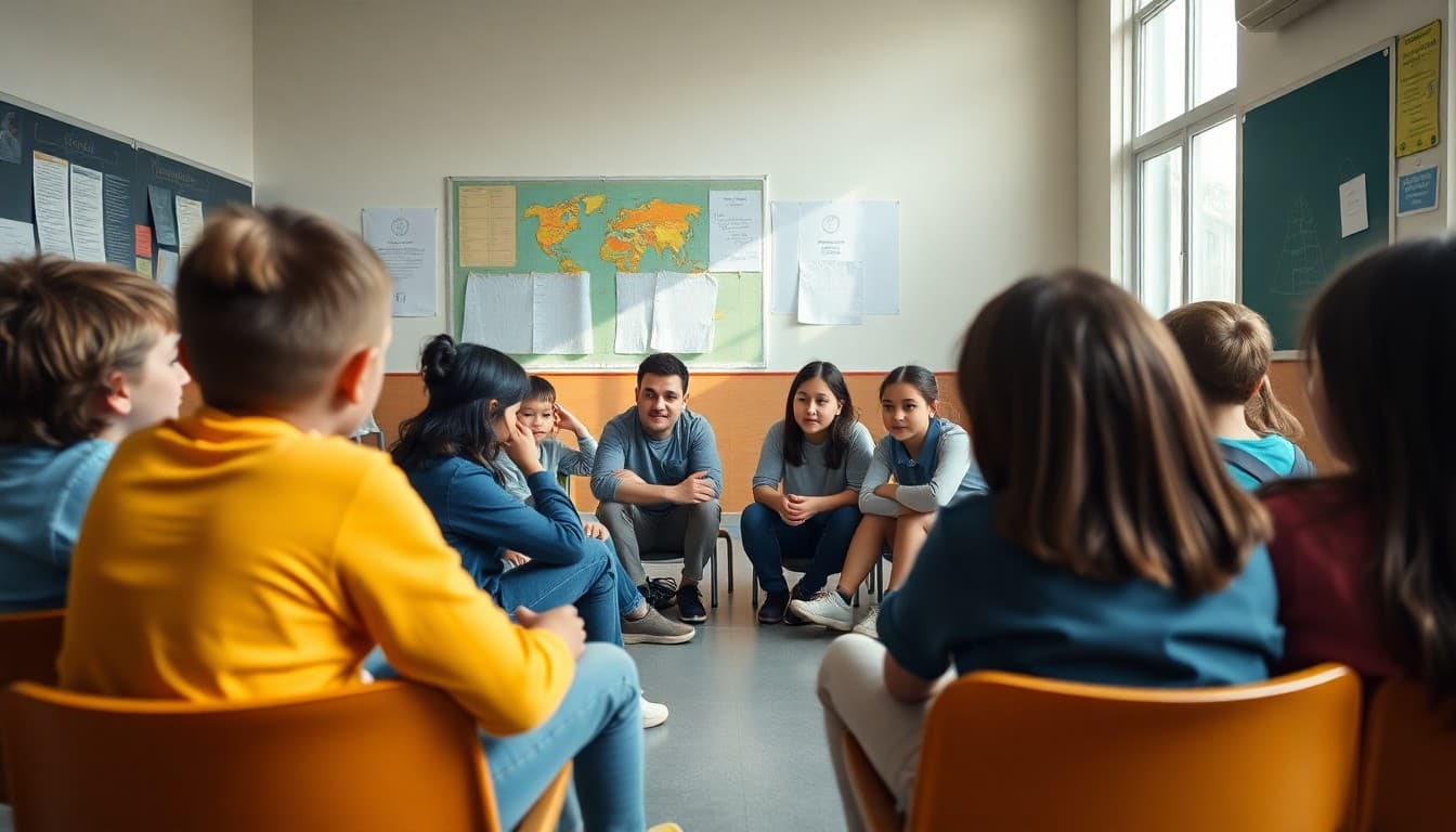 Students sitting together in a circle during a class meeting in the classroom