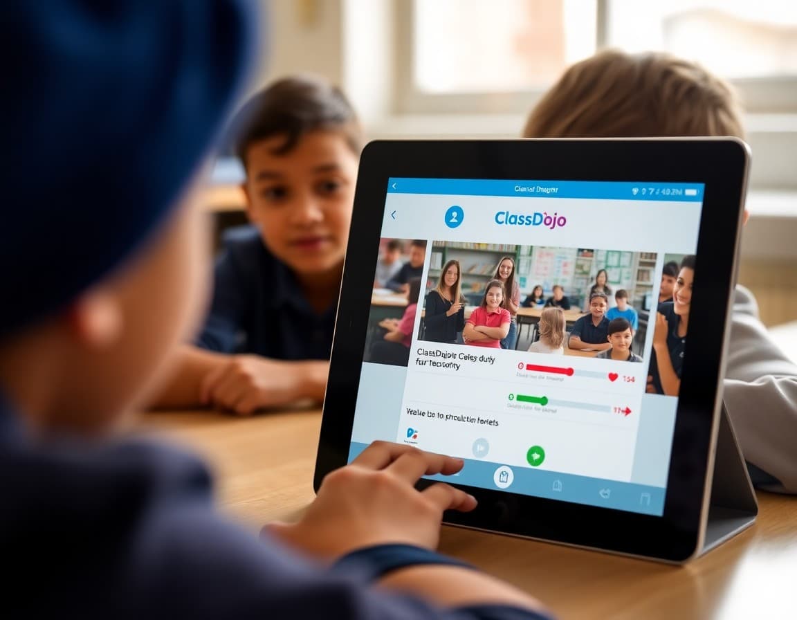 ClassDojo app interface on a tablet showing classroom photos and student points