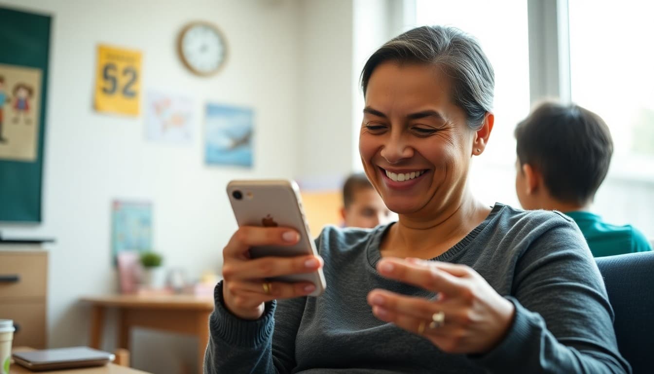 Parent smiling while looking at ClassDojo updates on a smartphone at home