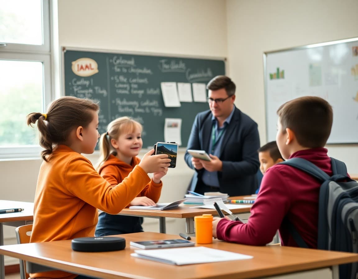 Teacher reviewing field trip photos with students in the classroom the day after a trip