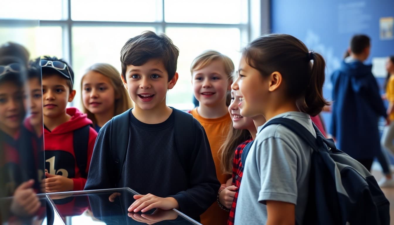 Students gathered around a museum exhibit during a school field trip looking excited and engaged