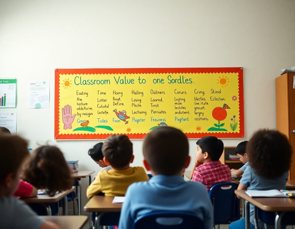 Classroom values displayed on a colorful wall banner with student artwork