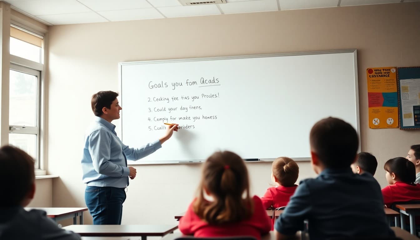 Teacher writing classroom goals on a whiteboard with students watching