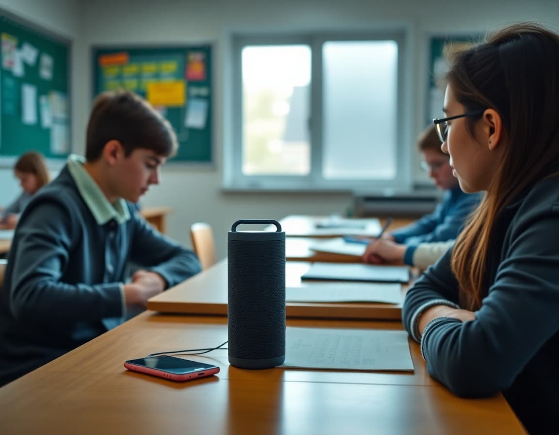 Bluetooth speaker on a teacher desk playing background music during a classroom work period