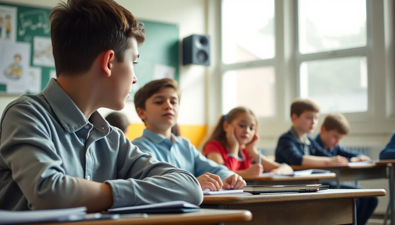 Students listening to music through a classroom speaker while working independently at desks