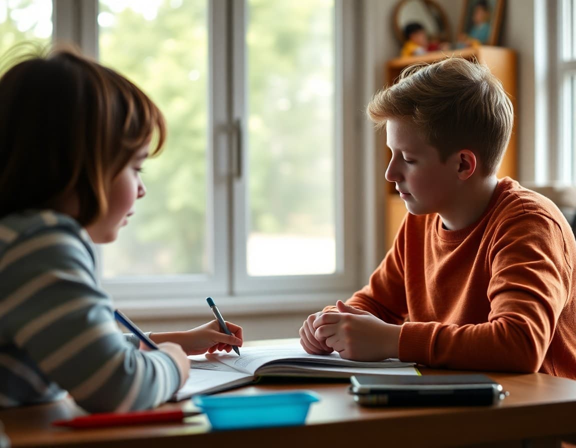 Child telling their parent about the classroom hamster while doing homework at home