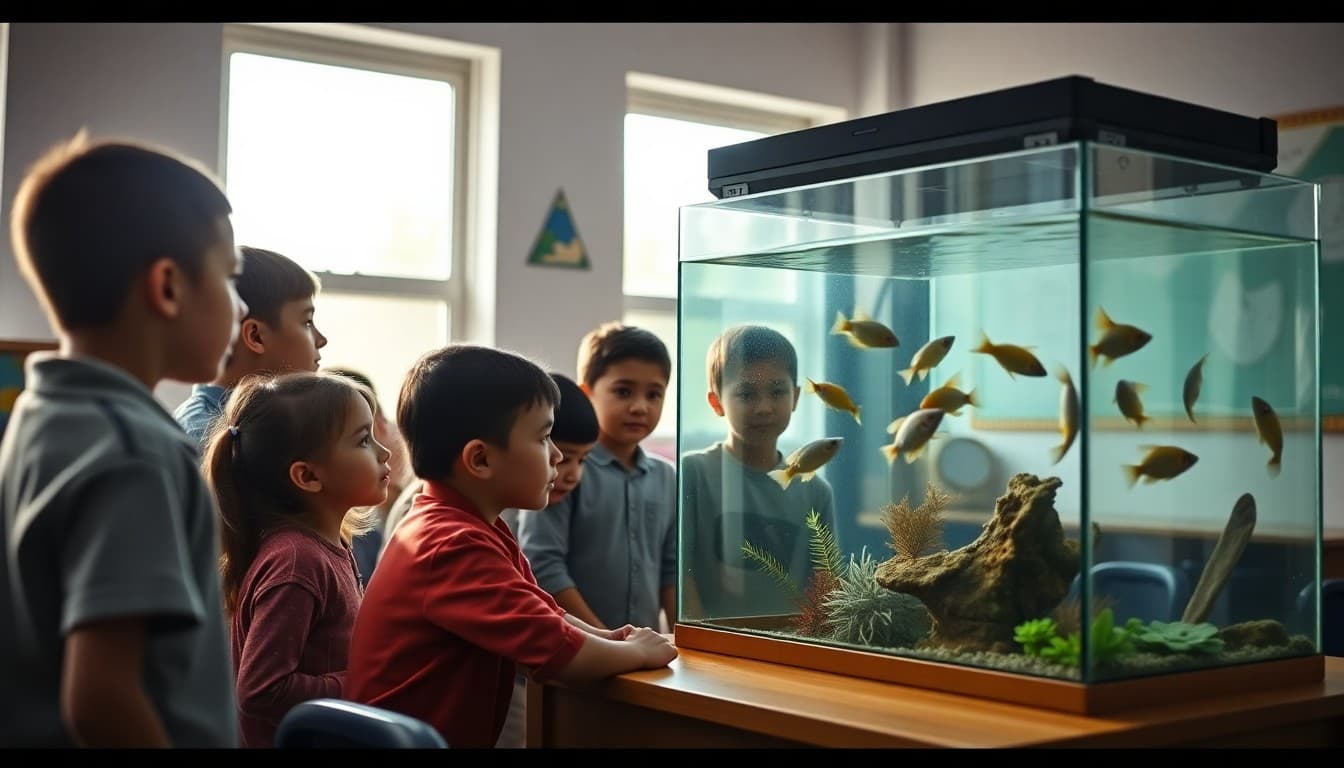 Students gathered around a classroom aquarium watching fish during free time