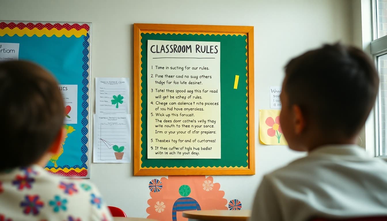 Classroom rules poster on a colorful bulletin board with student artwork