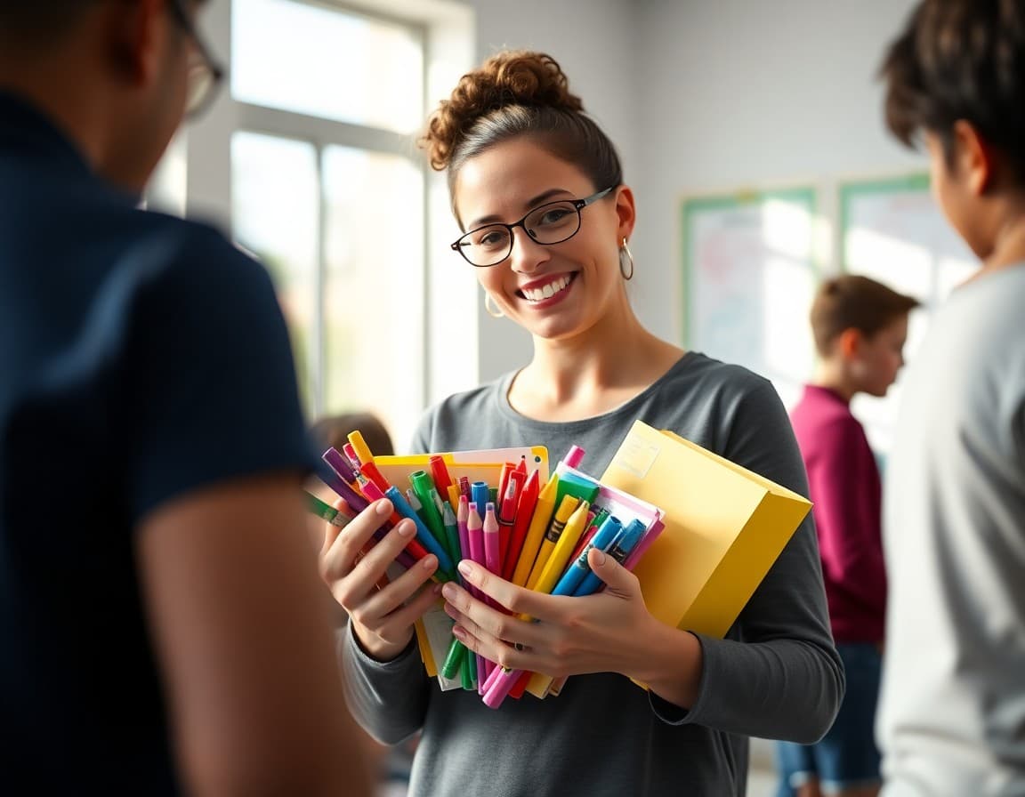 Teacher holding colorful new supplies donated by classroom families