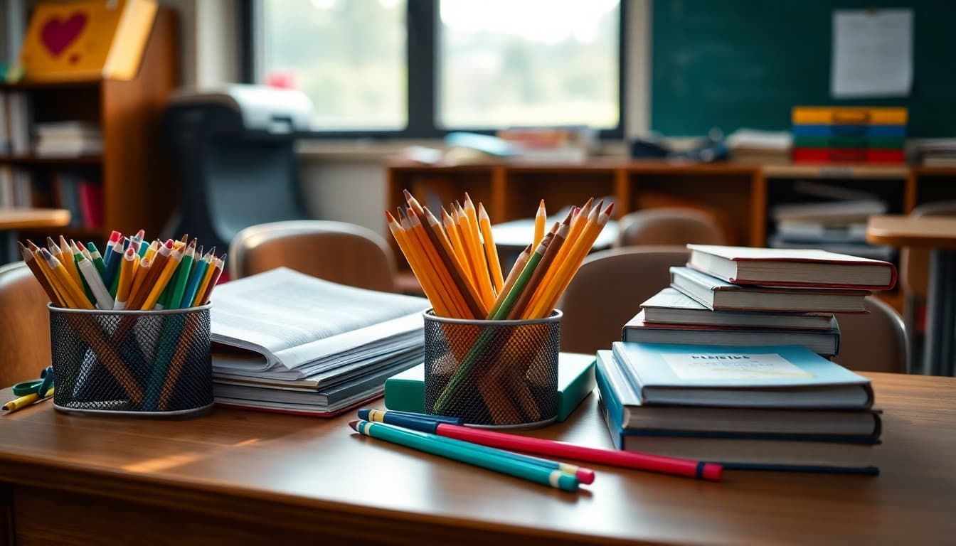 Classroom supplies including markers pencils and books arranged on a teacher desk