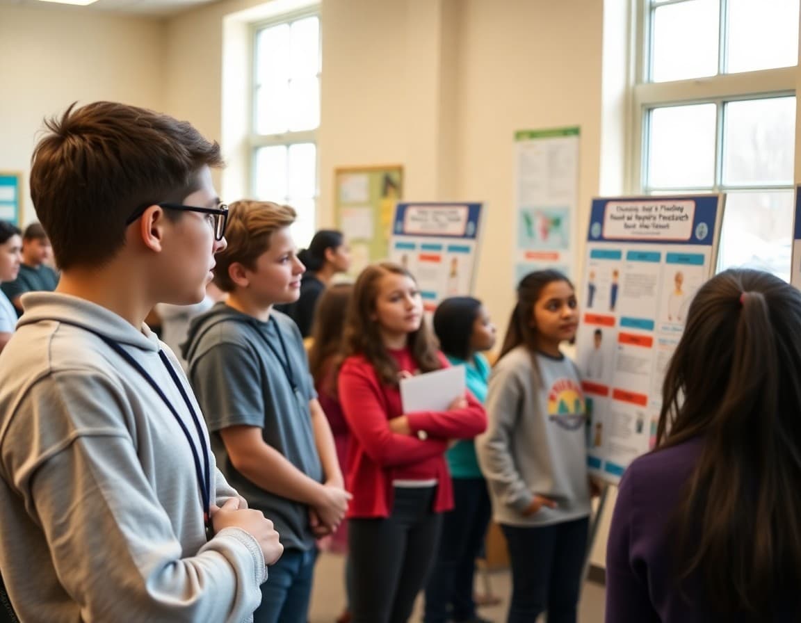 Students presenting community research findings on poster boards to classmates and visitors