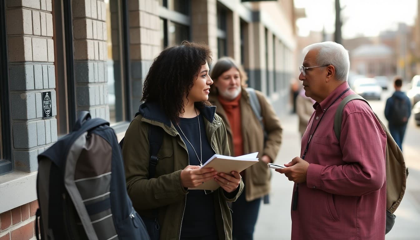 Student interviewing a community member on a sidewalk with a notebook and recording device