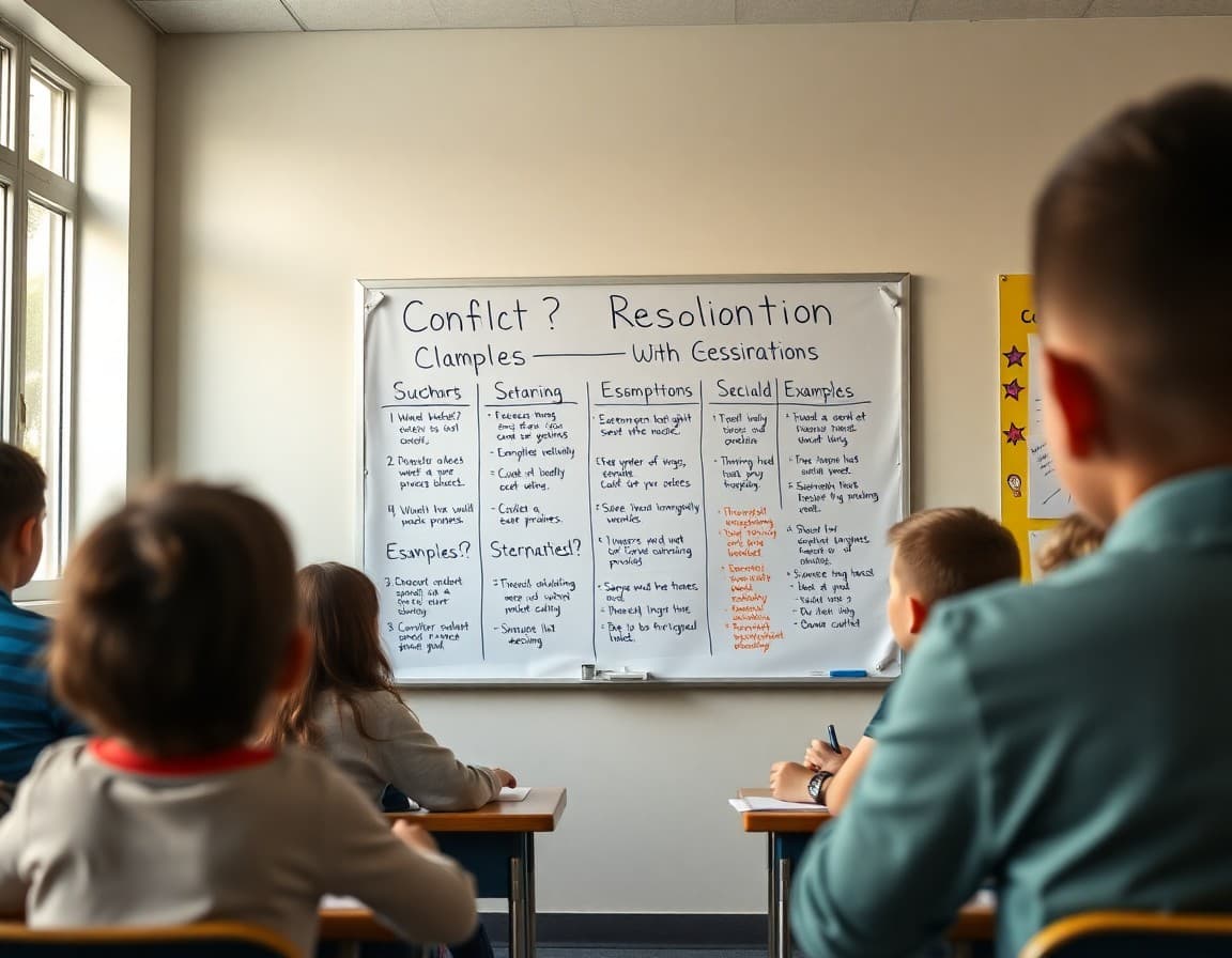Classroom anchor chart showing conflict resolution steps with student-illustrated examples