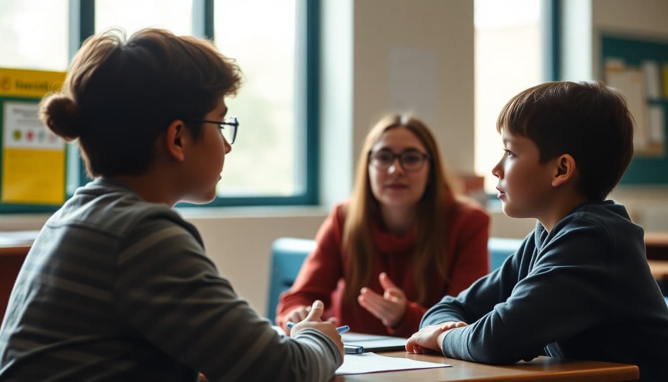 Two students having a guided peer mediation conversation with a third student facilitating