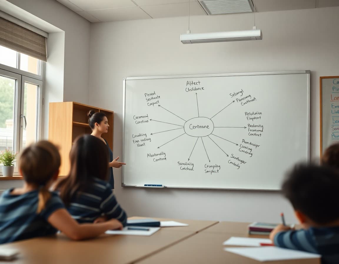 Web diagram on a whiteboard showing how a central theme connects to different subject areas