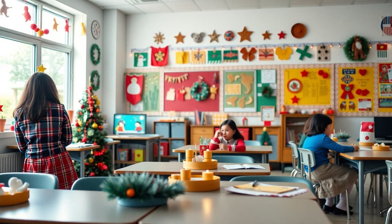 Colorful cultural holiday decorations from multiple traditions displayed in a welcoming classroom
